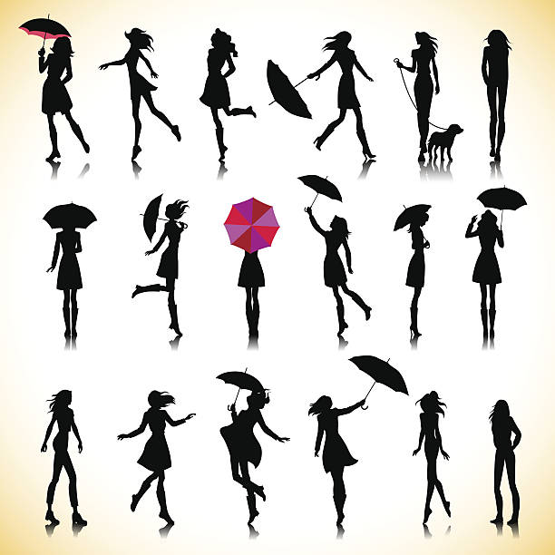 Set of autumn women Set of female silhouettes in autumn beautiful woman walking stock illustrations