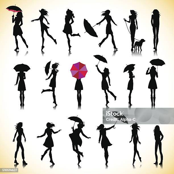 Set Of Autumn Women Stock Illustration - Download Image Now - Women, In Silhouette, Umbrella