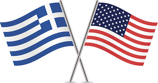 amerikanischen und griechischen flags.  vektor. - flag national flag greek flag greece stock-grafiken, -clipart, -cartoons und -symbole