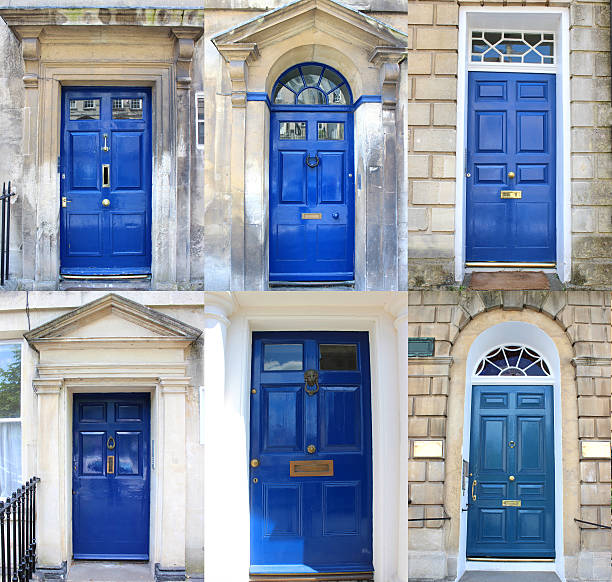 Image of multiple front doors collage / Georgian townhouse doors, blue Photo showing multiple blue front doors arranged as a collage.  The blue doors are from Georgian townhouses with Bath stone bricks and include a range of different sizes and shapes. blue front door stock pictures, royalty-free photos & images