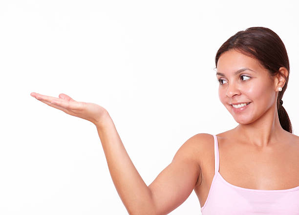 istock Pretty hispanic lady holding her right palm up 510515233