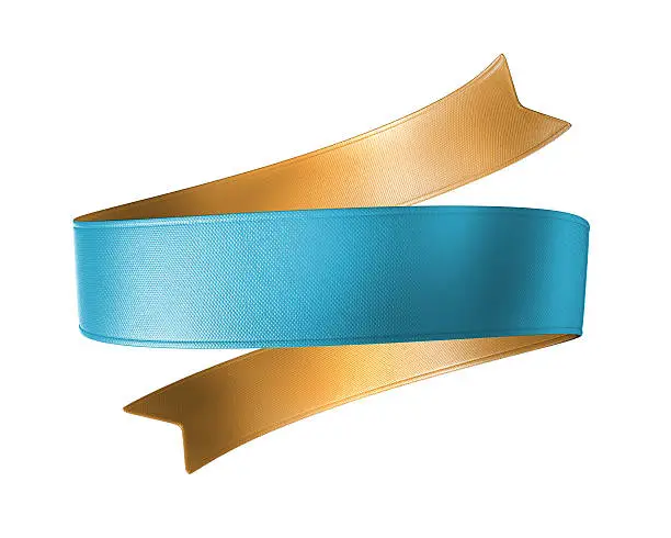 Photo of 3d blue gold double sided festive ribbon tag, isolated object