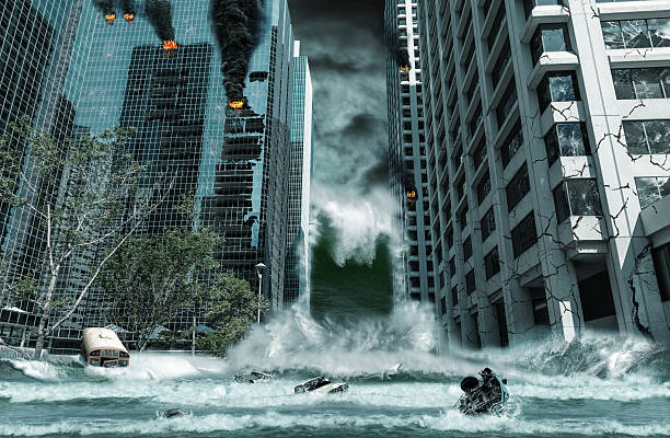 City Destroyed by Tsunami A cinematic portrayal of a city destroyed by Tsunami waves.  apocalypse fire stock pictures, royalty-free photos & images