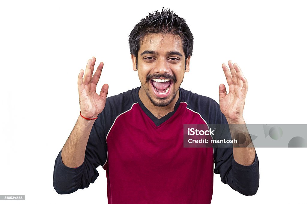 Young adult screaming hands raised Young adult screaming hands raised, isolated on white background 20-29 Years Stock Photo