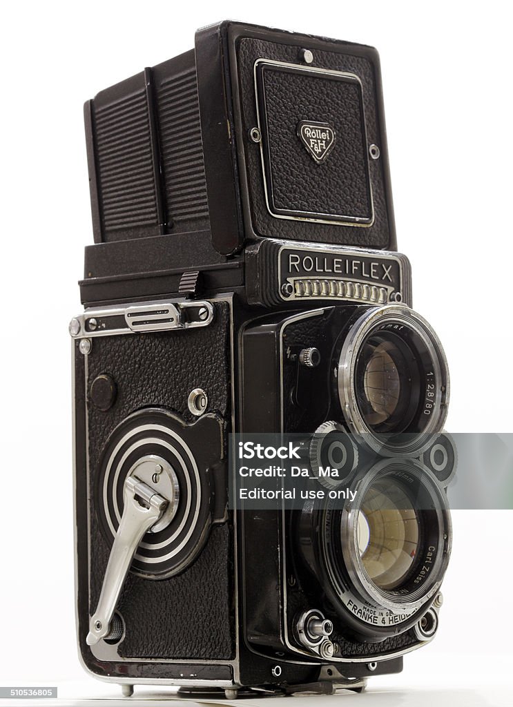 Rolleiflex twin-lens Vintage camera Varese, Italy - May 14, 2014: Rolleiflex 2,8f twin-lens reflex camera. Camera - Photographic Equipment Stock Photo