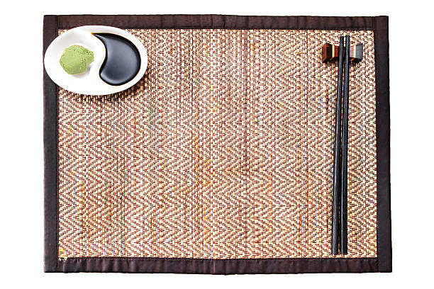 chopstick and wasabi with soyu sauce on plate mat stock photo