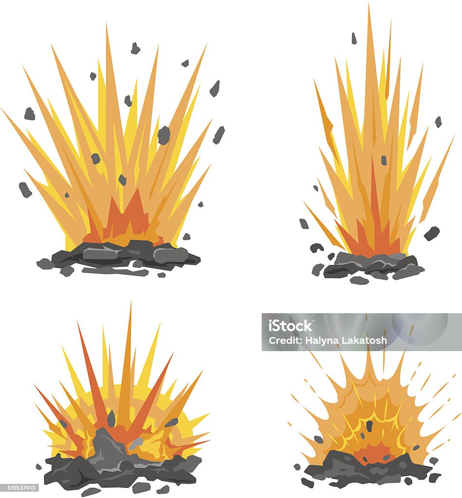 Set of cartoon ground explosions Set of cartoon explosive shell on the ground with fire and stones Army stock vector