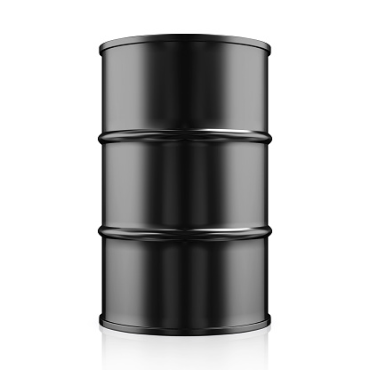 Black Metal Oil Barrel on White Background, Industrial Concept.