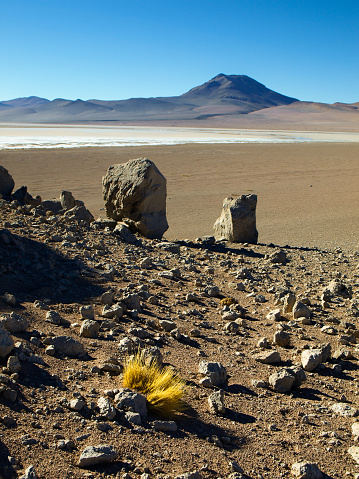 Landscape of Altiplano with rocks, white lagoon and peaks. Sunny clear blue sky day. Bolivia.
