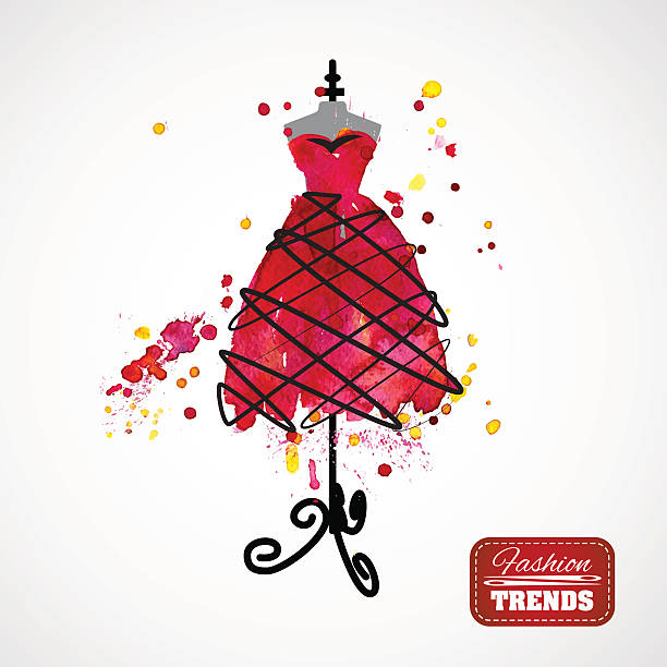 akwarela czerwona sukienka na manekin - sketch fashion mannequin illustration and painting stock illustrations