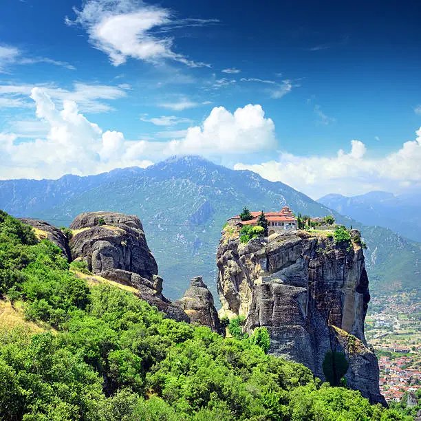 Monastery of the Holy Trinity (1475-76), Meteora, Greece. The monastery was featured in the 1981 James Bond film, "For Your Eyes Only". Composite photo