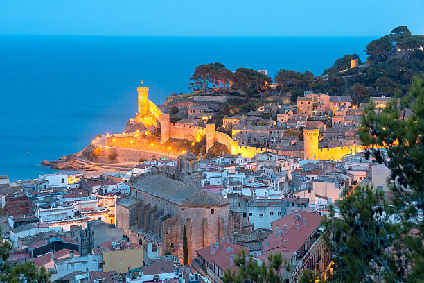 Night aerial view of Tossa de Mar on the Costa Brava, Catalunya, Spain