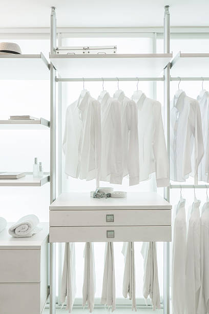 istock white shirts hanging on built-in cloths racks 510565687
