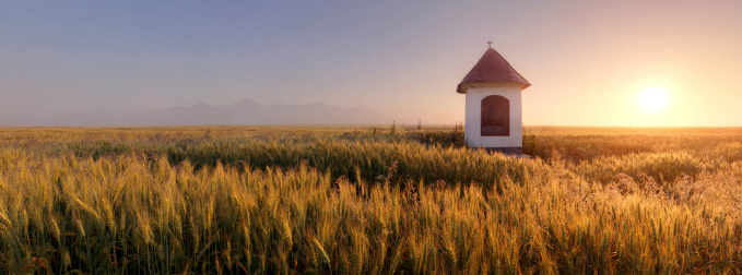Foggy landscape church in south Chile\nValdivia province