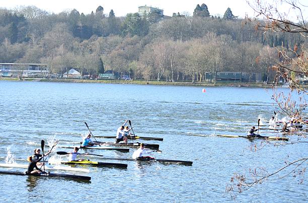 Lake Baldeney Essen, Germany - March, 10, 2014: Rowing training of canoeists in Essen Werden on the reservoir Baldeney. tug o stock pictures, royalty-free photos & images