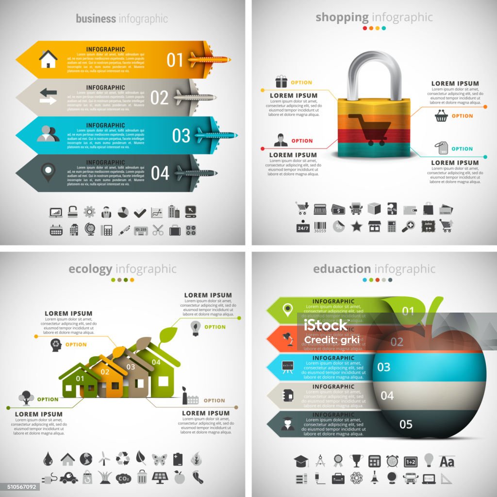 4 in 1  Infographics Bundle Vector set of different infographics. Business, Ecology, Shopping and Education themes. There are 90 unique icons. Well layered and organized.Vol 39. Activity stock vector