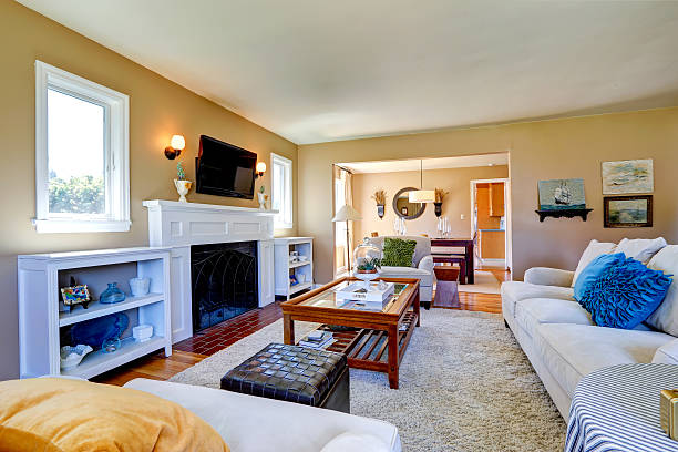 istock Beautiful living room interior with cozy fireplace 510567529