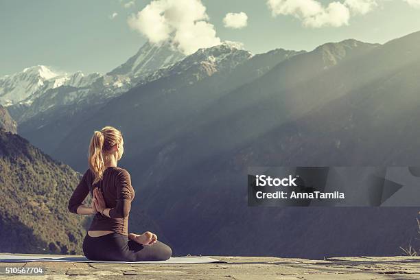 Young Girl Doing Yoga Fitness Exercise Outdoor Stock Photo - Download Image Now - Yoga, Mountain Peak, Good Posture