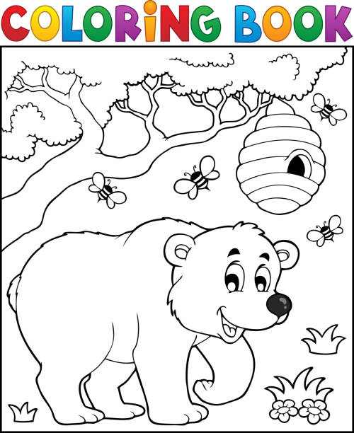 Coloring book bear theme 3 vector art illustration