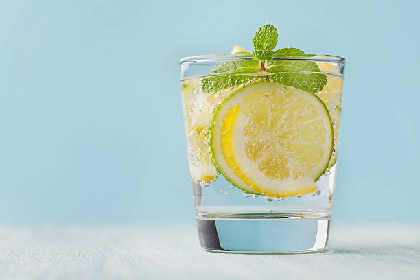 l'eau minérale de citron vert, citron, de glace et de feuilles de menthe - waterlemon photos et images de collection