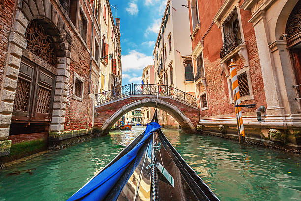 View from gondola during the ride through the canals, Venice stock photo