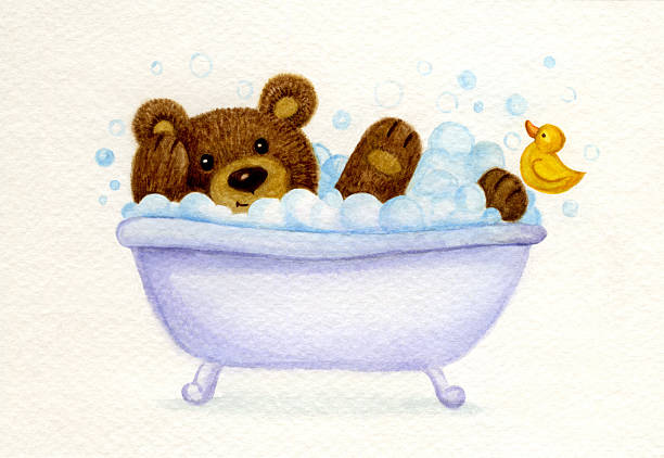 illustrations, cliparts, dessins animés et icônes de bain ourson. - male animal duck water cleaning