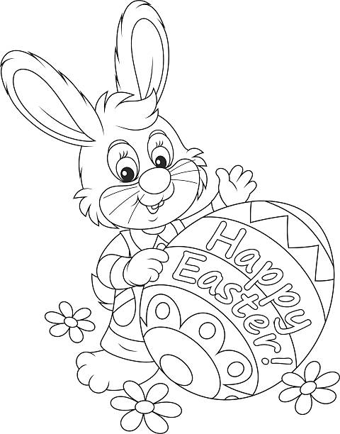 Easter Bunny Black and white vector illustration of a happy little rabbit and a decorated Easter egg with a Happy Easter greeting hare and leveret stock illustrations