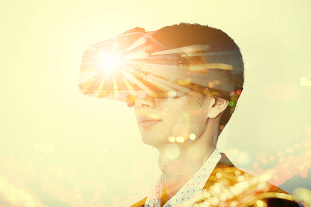 istock Double exposure of man wearing virtual reality headset 510573400