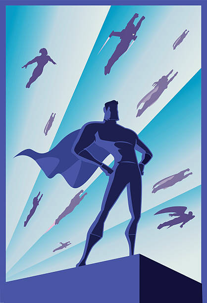 Vector Art Deco Legion of Flying Superheroes An art deco style vector illustration of a superhero with his legion of flying superhero mates in the background decoteau stock illustrations