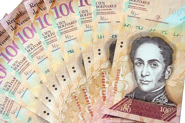 one hundred Bolivares the currency of the country Venezuela in South America isolated on white background; detail