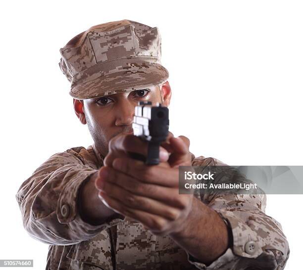 African American Military Man Aims Weapon Stock Photo - Download Image Now - Military Policeman, 20-29 Years, Adult