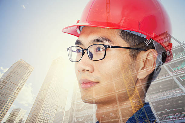 istock Double exposure of city and architect 510576246