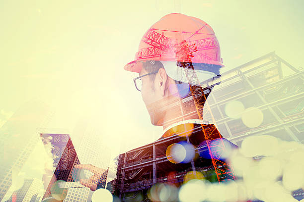 istock Double exposure of city and architect using digital tablet 510576334