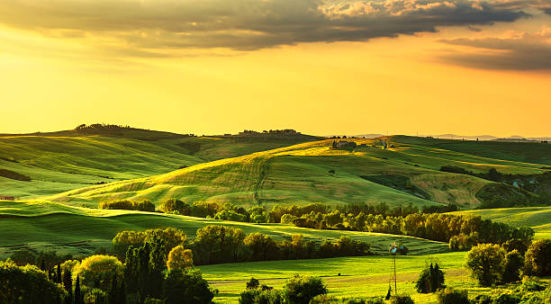istock Tuscany spring, rolling hills on sunset. Rural landscape. Green 510579546