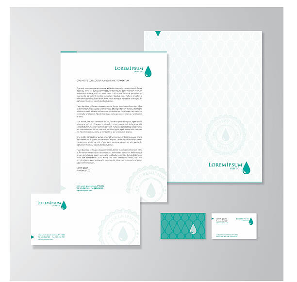 Olive oil company stationery design Stationery design for an olive oil company. Letterhead, folder, envelope and business card with logo. All design elements are layered and grouped. Eps10, contains transparent objects. simple letterhead template stock illustrations