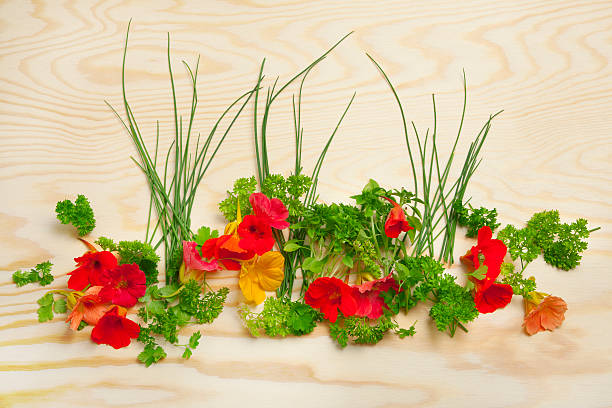 fresh herbs from the garden on a wood plate, with parsley, cress and chives
