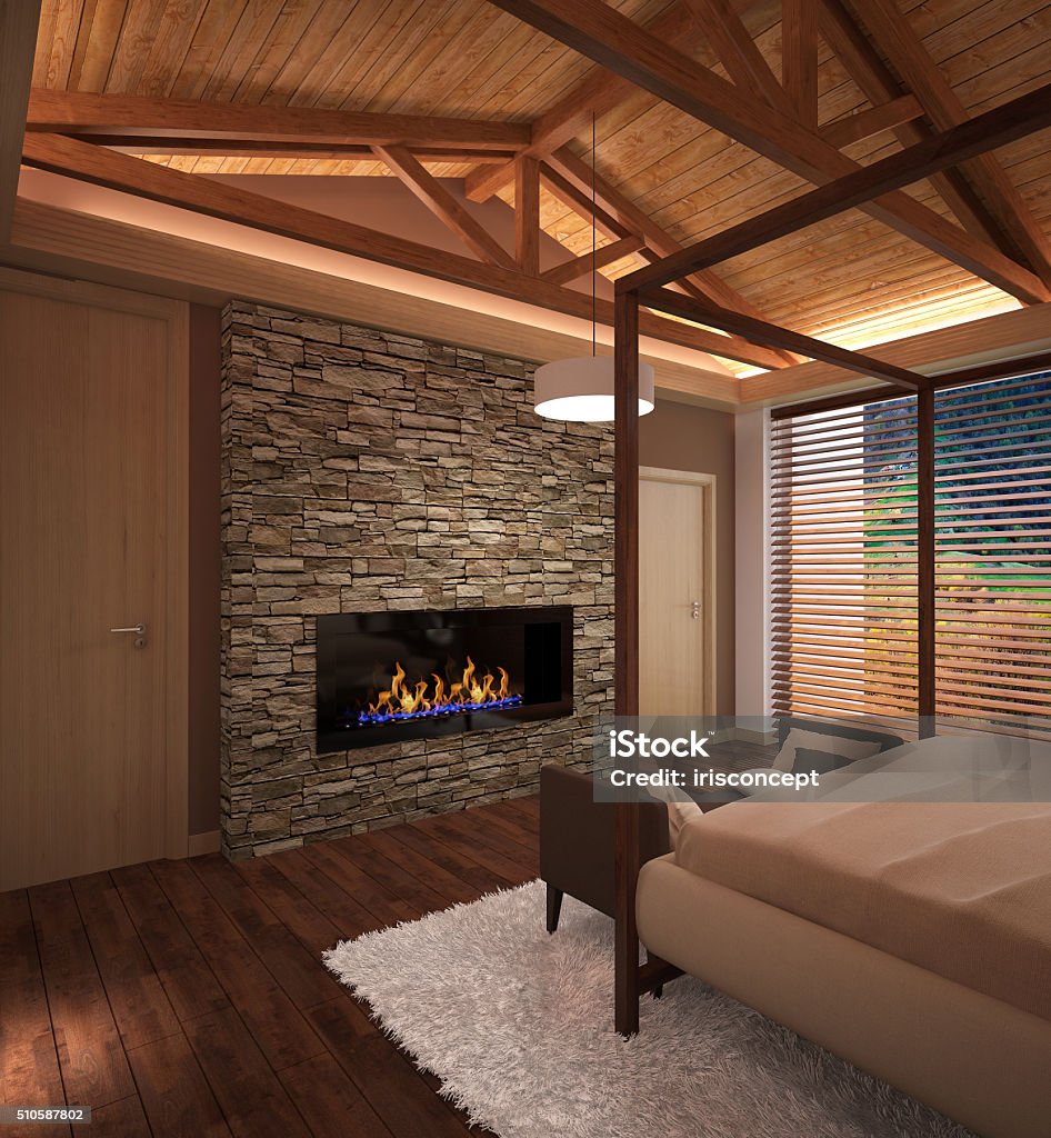 3d rendering of a bedroom interior design Fireplace Stock Photo