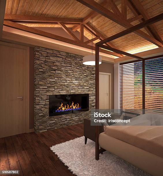 3d Rendering Of A Bedroom Interior Design Stock Photo - Download Image Now - Fireplace, Bedroom, Stone Material