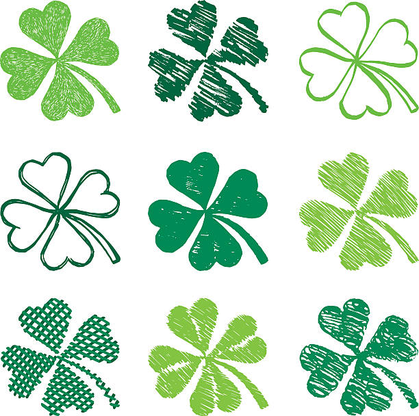 St. Patrick's Day Shamrock Symbols St. Patrick's day grunge decorative shamrock design elements. EPS 10 file. Transparency effects used on highlight elements. four leafed clover stock illustrations