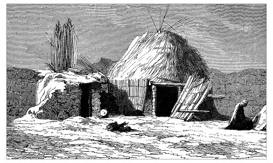 Antique illustration of Kyrgyz house on the road to Tashkent: two small huts (one is bigger, with circular roofing and a front door with a sort of wood frame). The two small buildings are built with wood and straw. A walled courtyard is in front of the sheds and on the right a kneeled woman in a corner  