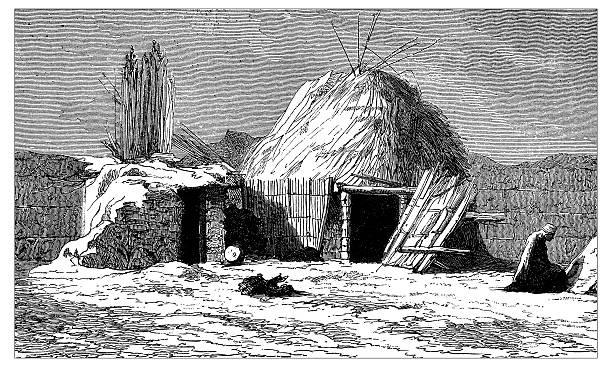 Antique illustration of Kyrgyz house on the road to Tashkent Antique illustration of Kyrgyz house on the road to Tashkent: two small huts (one is bigger, with circular roofing and a front door with a sort of wood frame). The two small buildings are built with wood and straw. A walled courtyard is in front of the sheds and on the right a kneeled woman in a corner   straw roof stock illustrations