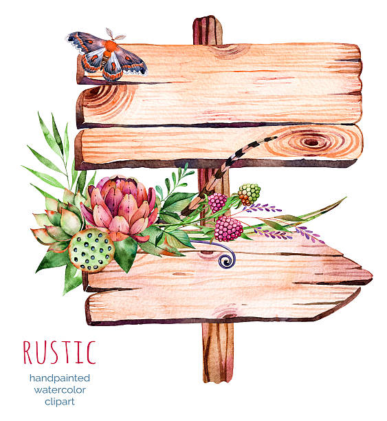Watercolor wooden pointer.decorated with flowers Watercolor wooden pointer.decorated with flowers,succulent plant, artichoke,raspberry,branches,feathers and butterfly,Natural beauty.Rustic illustration.Perfect for blogs,lettering,pattern,invitation ladybug frame border clip art stock illustrations
