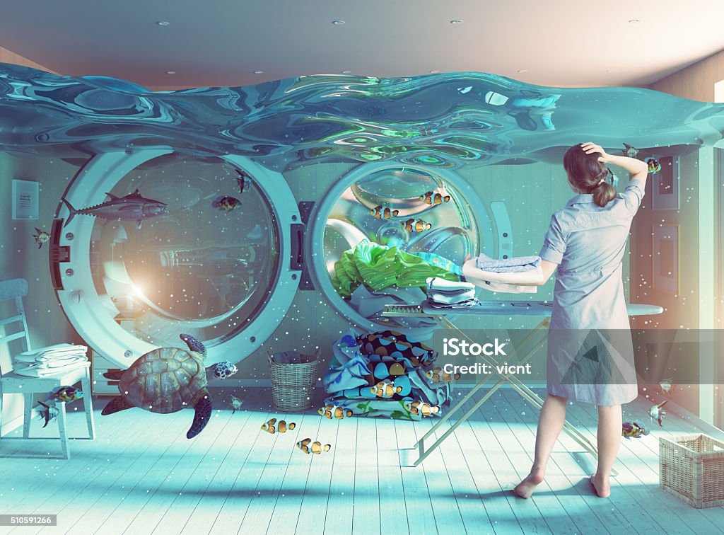 Housewife dreams Housewife dreams. Creative concept. Photo and cg elements combination Flood Stock Photo