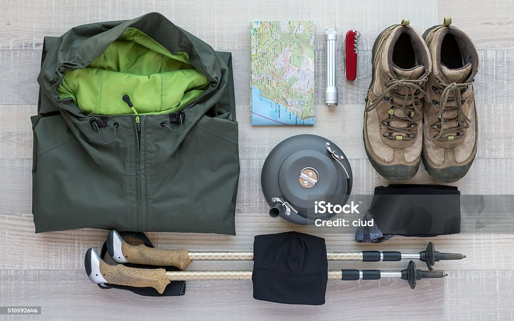 Outdoor and Hiking Equipment A collection of things you need for a hiking tour Camping Stock Photo