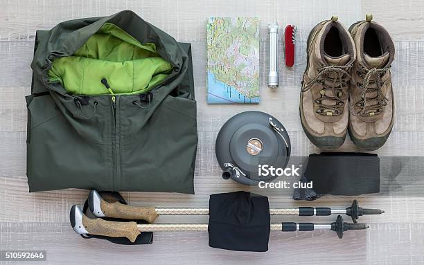 Outdoor And Hiking Equipment Stock Photo - Download Image Now - Camping, Hiking, High Angle View