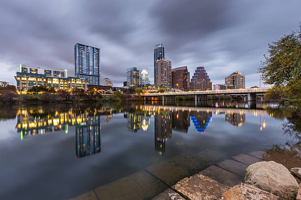 istock Austin downtown skyline by the river at night, Texas 510610436