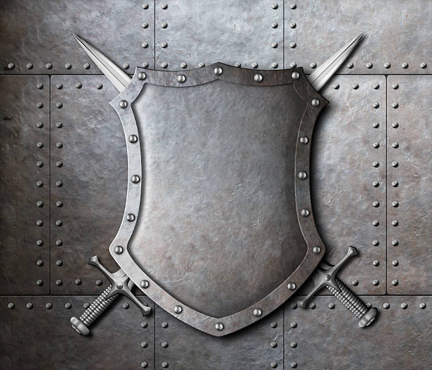 metal shield and two crossed swords over armor plates metal shield and two crossed swords over armor plates background ironclad stock pictures, royalty-free photos & images