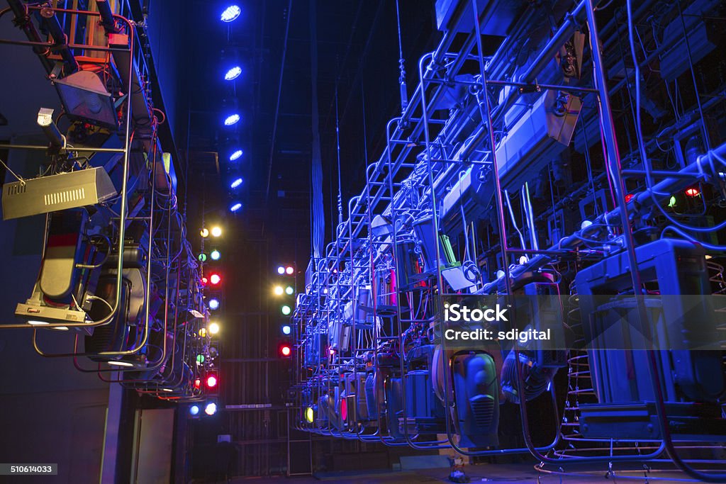 Theatrical light stage lights on a console, smoke Backstage Stock Photo