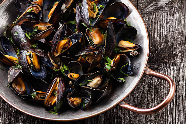 Boiled mussels stock photo