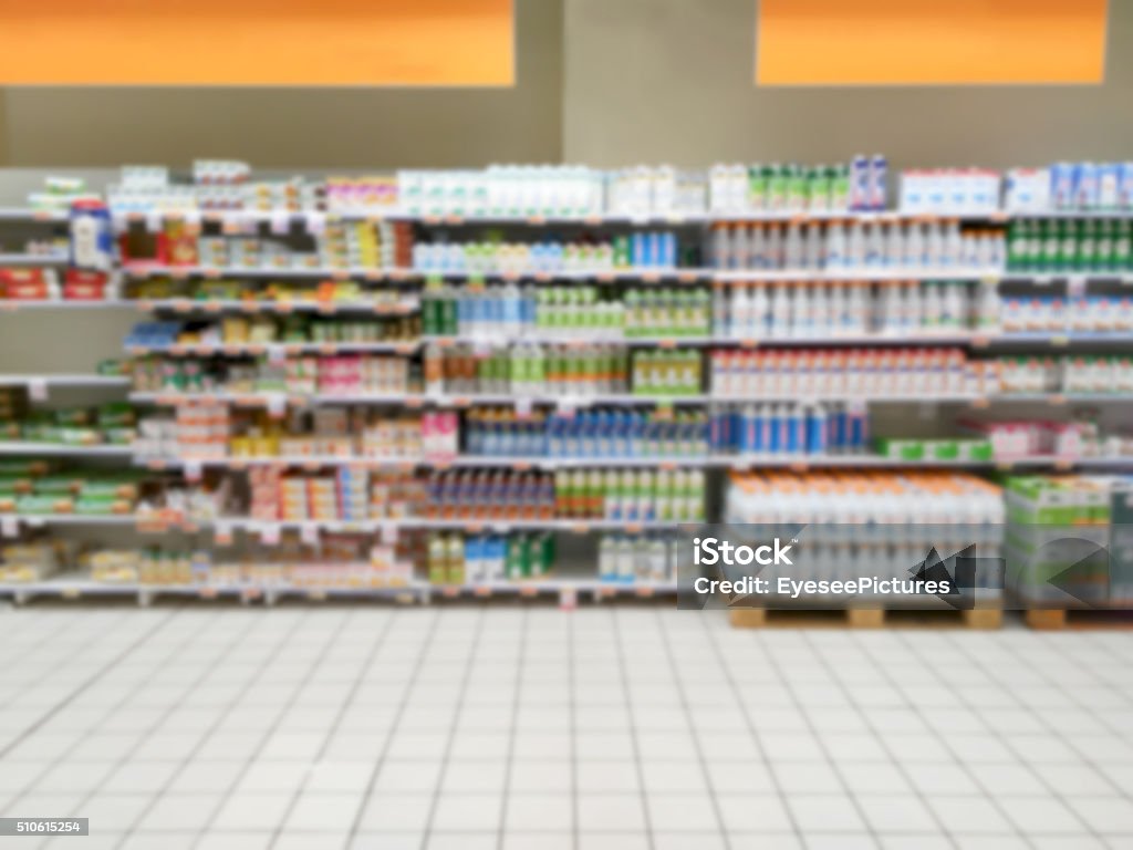 Blurry Background Blurry supermarket interior background (Beverages Area) Supermarket Stock Photo